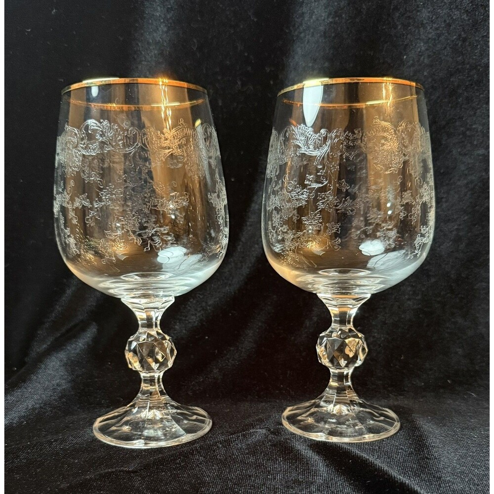Vtg Bohemia Crystalex Queens Lace Wine Glass Gold Rim Ball Stem 5 3/4” mint con